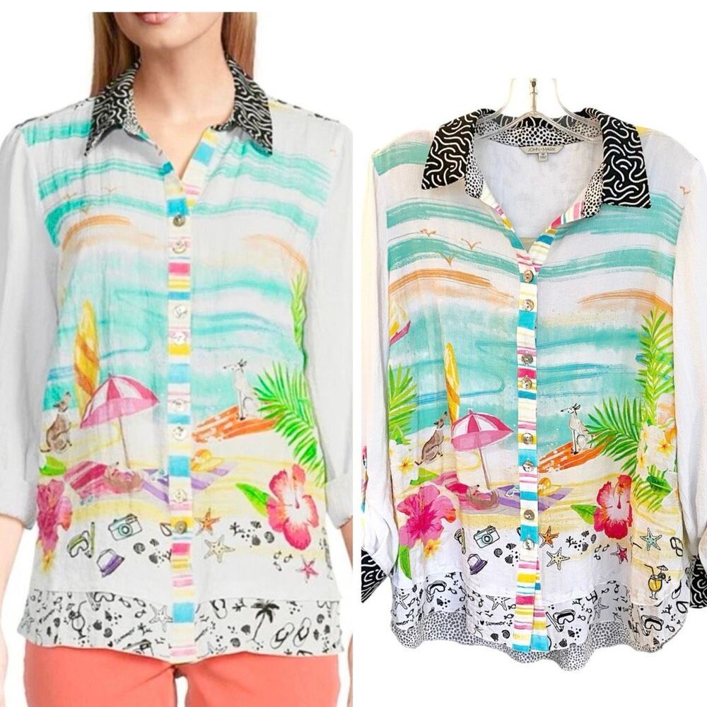 John Mark Novelty Mix Print Button Front Roll-Tab Sleeve Tunic Sz M